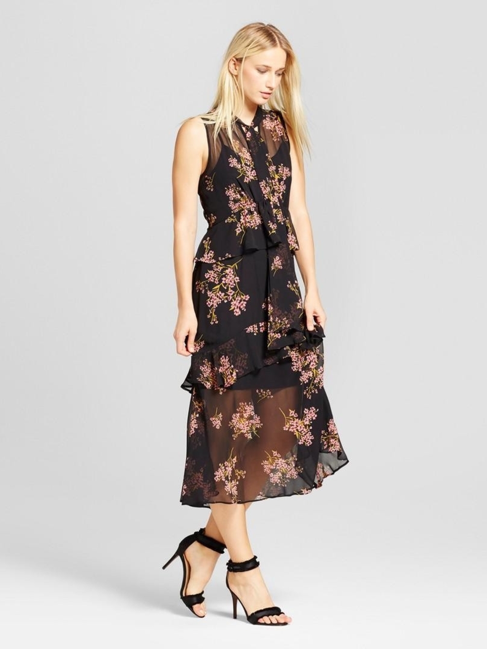 Sleeveless Black Floral Ruffle Midi Dress